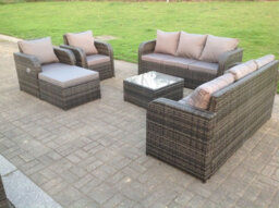 Fimous Grey Wicker Pe Rattan Garden Furniture Set Lounge Sofa Reclining Chair Outdoor Big Footstool 9 Seater - thumbnail 3