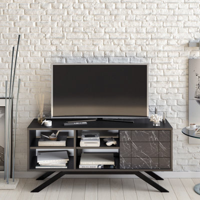 Decorotika North Tv Stand Tv Unit Tv Cabinet Black And Black Marble Effect - image 1