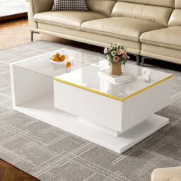Btm 90 Cm Long Coffee Table, High-Gloss White. Side Tables, Coffee Tables With Glass And Led Effect - thumbnail 4