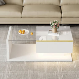 Btm 90 Cm Long Coffee Table, High-Gloss White. Side Tables, Coffee Tables With Glass And Led Effect - thumbnail 3