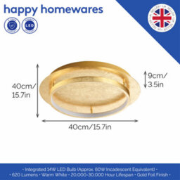 Happy Homewares Stunning Flush Mount Led Ceiling Light Fitting With Brushed Gold Foil Finish - thumbnail 5