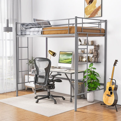 Costway Single Loft Bed Metal Bed Frame W/ Guardrail & 2 Ladders-Silver - image 1