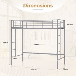 Costway Single Loft Bed Metal Bed Frame W/ Guardrail & 2 Ladders-Silver - thumbnail 3