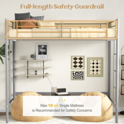 Costway Single Loft Bed Metal Bed Frame W/ Guardrail & 2 Ladders-Silver - thumbnail 6