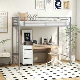 Costway Single Loft Bed Metal Bed Frame W/ Guardrail & 2 Ladders-Silver - thumbnail 8