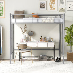 Costway Single Loft Bed Metal Bed Frame W/ Guardrail & 2 Ladders-Silver - thumbnail 9