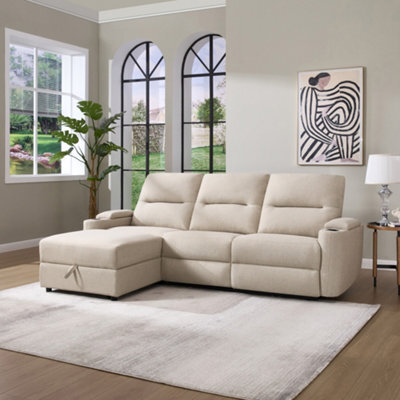 More4Homes Avery 3 Seater Electric Recliner Chaise Lounge Fabric Sofa (Beige) - image 1