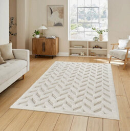 Freya Living Room Area Rug Contemporary 3D Embossed Modern Herringbone Design - Cream 120Cm X 170Cm - thumbnail 1