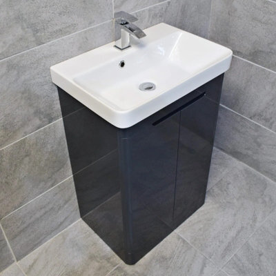 Hydros Vanity Unit Anthracite Grey Gloss 550mm 2 Door With Ceramic Basin Sink Ross - image 1