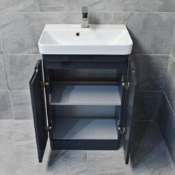 Hydros Vanity Unit Anthracite Grey Gloss 550mm 2 Door With Ceramic Basin Sink Ross - thumbnail 2