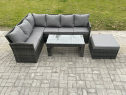 Fimous 7 Seater Outdoor Rattan Garden Furniture Set Corner Sofa Oblong Coffee Table Sets With Patio Big Footstool - thumbnail 2