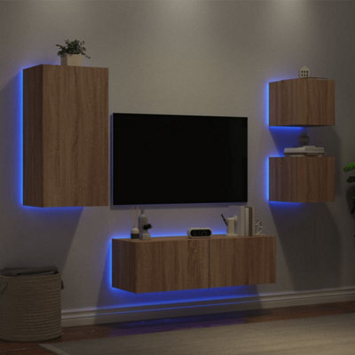Berkfield 4 Piece Tv Wall Cabinets With Led Lights Sonoma Oak - image 1