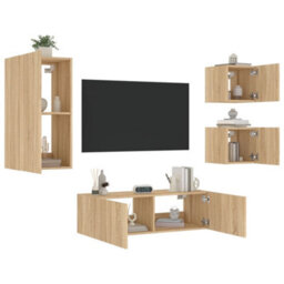 Berkfield 4 Piece Tv Wall Cabinets With Led Lights Sonoma Oak - thumbnail 4
