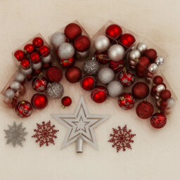 Trendi 106 Piece Red & Silver Shatterproof Christmas Bauble Set With Tree Topper Festive Ornament Set For Tree, Home & Party Decor