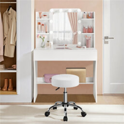 Yaheetech White Tempered Glass Mirror Dressing Table With 10 Led Lights And Drawer - thumbnail 1