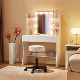 Yaheetech White Tempered Glass Mirror Dressing Table With 10 Led Lights And Drawer - thumbnail 2