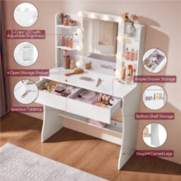 Yaheetech White Tempered Glass Mirror Dressing Table With 10 Led Lights And Drawer - thumbnail 7