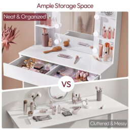 Yaheetech White Tempered Glass Mirror Dressing Table With 10 Led Lights And Drawer - thumbnail 8