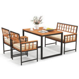 Costway 4 Pieces Acacia Wood Patio Dining Set Outdoor Table And Chairs With Umbrella Hole - thumbnail 2