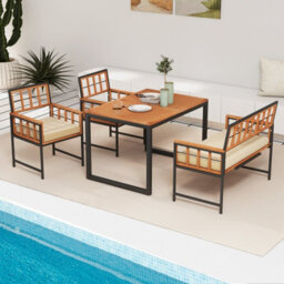 Costway 4 Pieces Acacia Wood Patio Dining Set Outdoor Table And Chairs With Umbrella Hole - thumbnail 4
