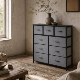 Wyld Haus Molisa 9-Drawer Fabric Dresser With Engineered Wood Top, Steel Frame, Black & Grey - thumbnail 1
