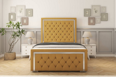 "Sloomy Sofia Chrome Mustard Plush Bed Frame With Mattress With 50"" Upholstered Headboard 2'6 Small Single" - image 1