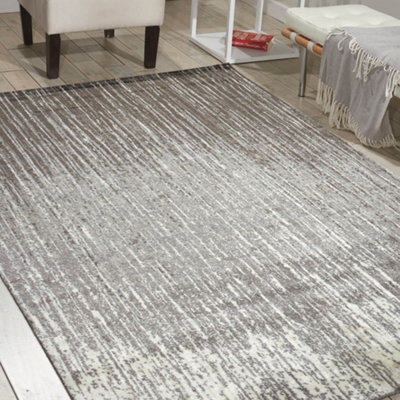 Grey Luxurious Modern Easy To Clean Abstract Striped Viscose Wool Rug For Living Room, Bedroom - 168Cm X 244Cm