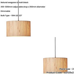 Loops 2 Pack Hanging Ceiling Pendant Light - Natural Seagrass & Matt Black - 10W Led E27 - thumbnail 2