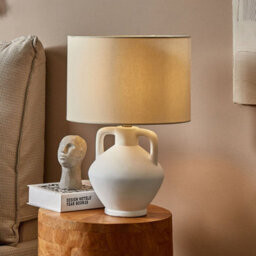 Wyld And Coco Novalux Table Lamp - Hand-Painted White Ceramic Base With Linen Drum Shade, Minimalist Design, 46Cm High - thumbnail 2