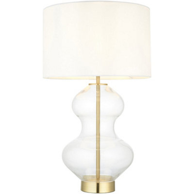 Loops Satin Brass Plate Table Lamp - Clear Glass With Vintage White Fabric Shade - Touch Dimmable - image 1