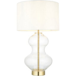 Loops Satin Brass Plate Table Lamp - Clear Glass With Vintage White Fabric Shade - Touch Dimmable - thumbnail 1