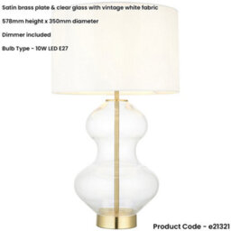 Loops Satin Brass Plate Table Lamp - Clear Glass With Vintage White Fabric Shade - Touch Dimmable - thumbnail 2