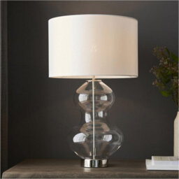 Loops Satin Brass Plate Table Lamp - Clear Glass With Vintage White Fabric Shade - Touch Dimmable - thumbnail 3