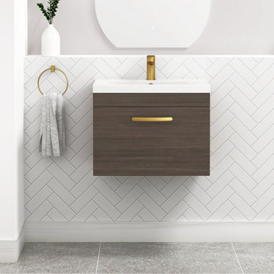 Royal Bathrooms Turin Grey Elm 600mm Wall Hung Vanity Unit 1 Drawer With Mid-Edge Basin Sink & Brushed Brass Handles - image 1