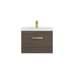 Royal Bathrooms Turin Grey Elm 600mm Wall Hung Vanity Unit 1 Drawer With Mid-Edge Basin Sink & Brushed Brass Handles - thumbnail 6