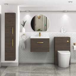 Royal Bathrooms Turin Grey Elm 600mm Wall Hung Vanity Unit 1 Drawer With Mid-Edge Basin Sink & Brushed Brass Handles - thumbnail 2