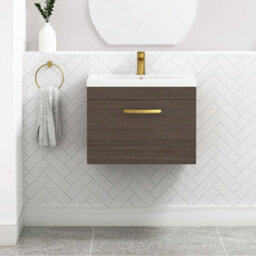 Royal Bathrooms Turin Grey Elm 600mm Wall Hung Vanity Unit 1 Drawer With Mid-Edge Basin Sink & Brushed Brass Handles - thumbnail 1