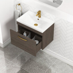 Royal Bathrooms Turin Grey Elm 600mm Wall Hung Vanity Unit 1 Drawer With Mid-Edge Basin Sink & Brushed Brass Handles - thumbnail 3
