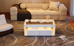 Btm High Gloss Coffee Table With Led, Glass Top, Open Storage And 2 Drawers, Centre Table 100X50X40Cm, White - thumbnail 6