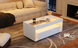 Btm High Gloss Coffee Table With Led, Glass Top, Open Storage And 2 Drawers, Centre Table 100X50X40Cm, White - thumbnail 7