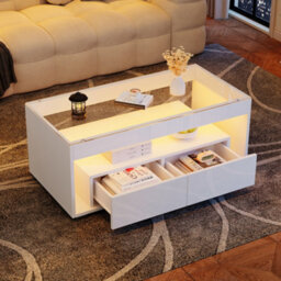 Btm High Gloss Coffee Table With Led, Glass Top, Open Storage And 2 Drawers, Centre Table 100X50X40Cm, White