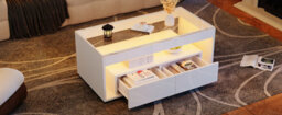 Btm High Gloss Coffee Table With Led, Glass Top, Open Storage And 2 Drawers, Centre Table 100X50X40Cm, White - thumbnail 8