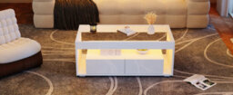 Btm High Gloss Coffee Table With Led, Glass Top, Open Storage And 2 Drawers, Centre Table 100X50X40Cm, White - thumbnail 9