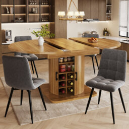 Btm Extendable Folding Dining Table With Storage And Wine Rack  Mdf Top, Space Saving Table For Small Rooms, Natural Brown - thumbnail 4