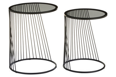Orsina Set Of Two Grey Glass Top Black Side Table With Openwire Frame, Black Round Side Tables For Living Room - image 1