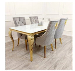 Stratus Interiors Louis Gold Glass Dining Table 1.8 Mt With Tempered Safety Glass Top, Gold Stainless Steel Legs For Kitchen & Dining Room