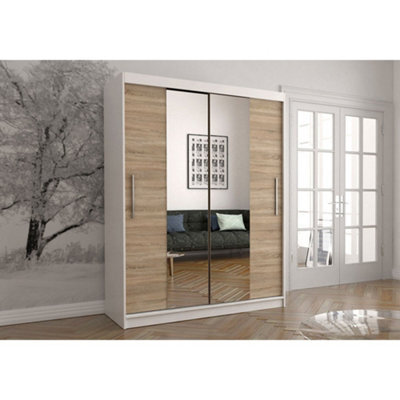 Arte Charming Oak Sonoma And White Mirrored Sliding Door Wardrobe - Bedroom Furniture (H)2000mm X (W)1500mm X (D)610mm - image 1