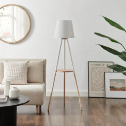 Furniturebox Uk Kelsey White & Wood Tripod Standing Floor Lamp With Shelf