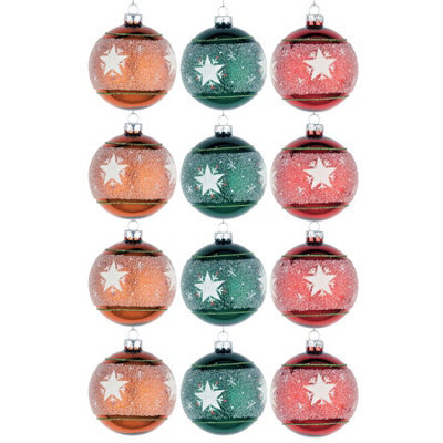 Shatchi Christmas Glass Baubles 12Pcs Set - 8Cm Orange, Green & Red With 3 Vibrant Designs - image 1