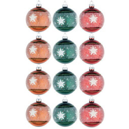 Shatchi Christmas Glass Baubles 12Pcs Set - 8Cm Orange, Green & Red With 3 Vibrant Designs - thumbnail 1